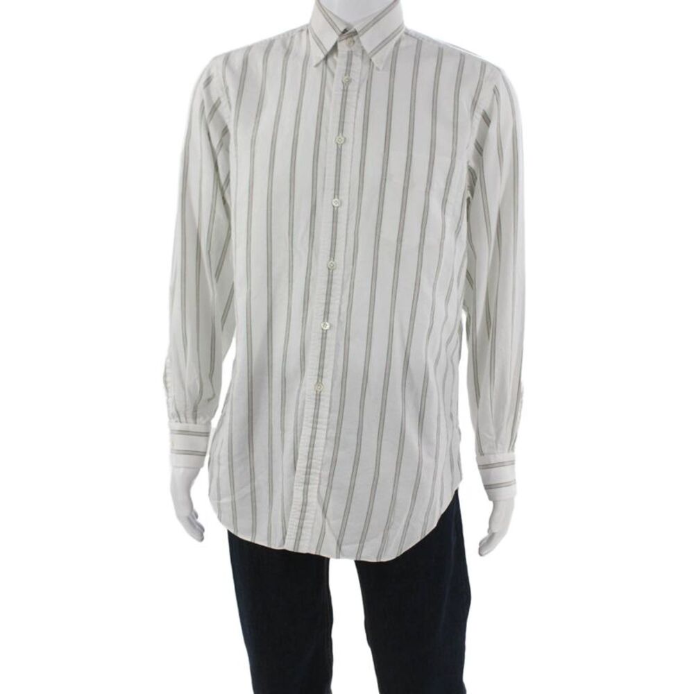 Ascot Chang Mens Cotton Striped Button Down Shirt White Size 35